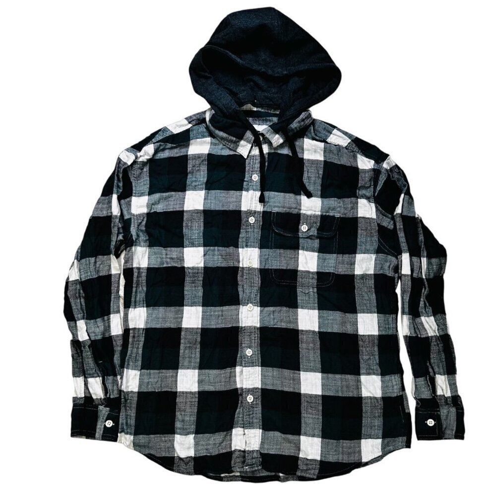 American Eagle Large Super Soft Flannel Shirt Hood Plaid Green Outdoors.